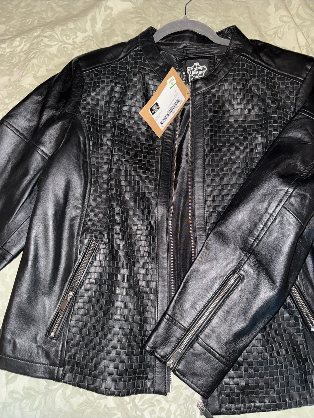 Women's Black Woven-Panel Leather Jacket - Picture 2 of 4